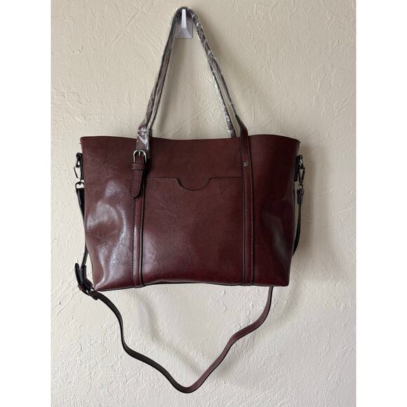 NWOT Elegant Faux Leather Tote with Removable Long Strap in Chocolate Brown - Picture 9 of 16